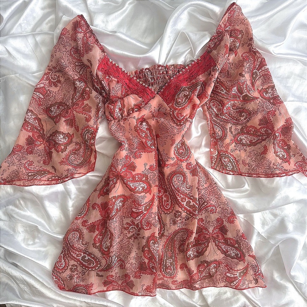 Pink Paisley Bell Sleeve Empire Waist Tunic Top with Lace and Sequin Trim